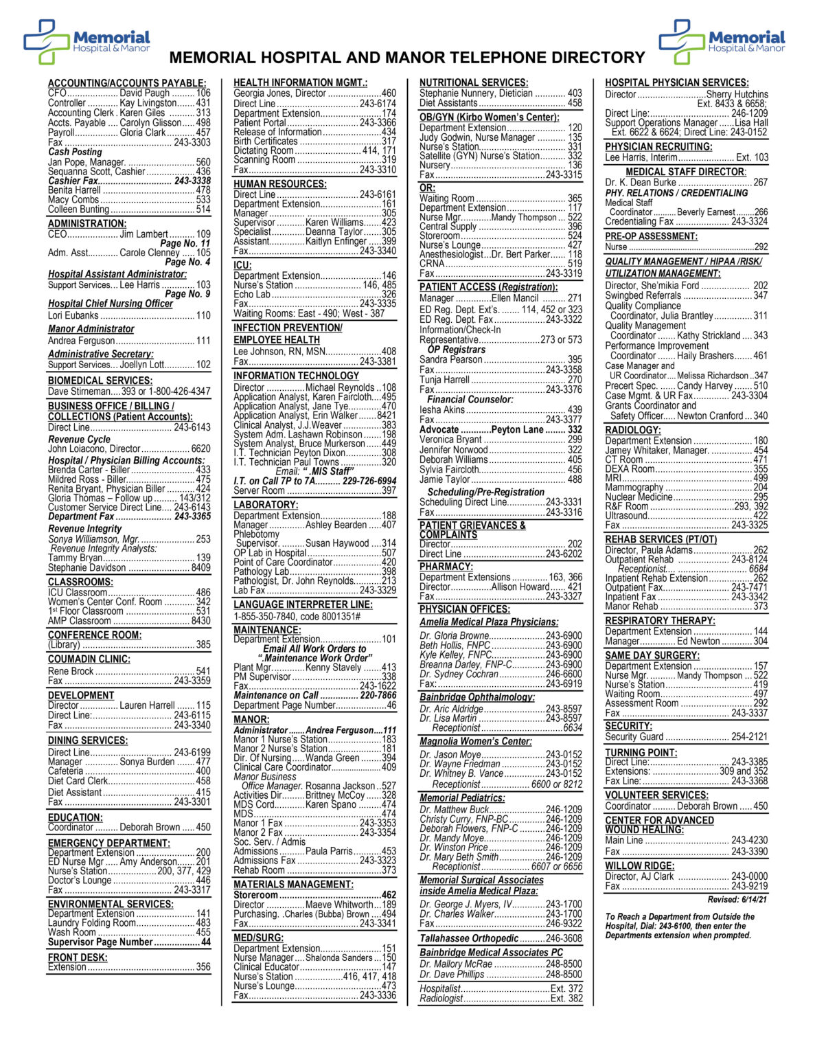 RevisedTelephoneDirectory61421 Memorial Hospital & Manor